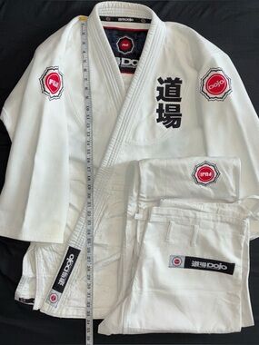 Fuji Judo Dojo White Gi with Black Kanji and Red Logo Patches